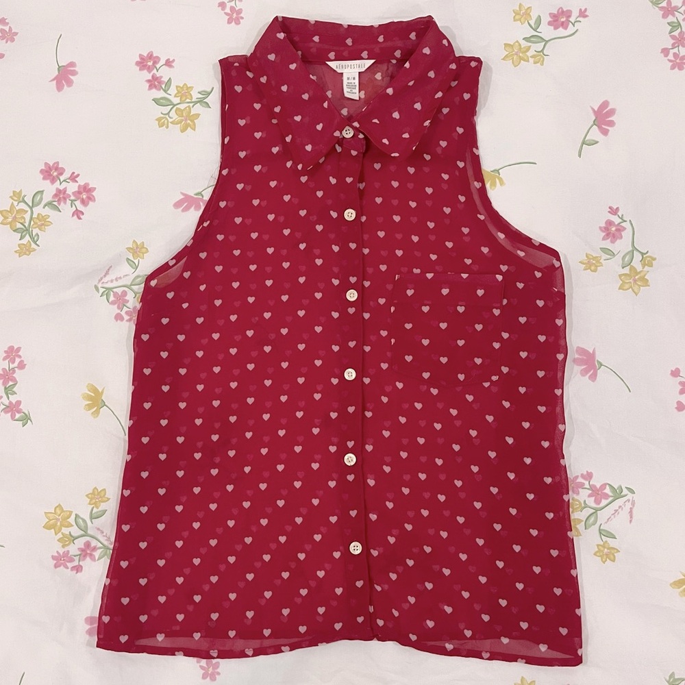 Collar Neck Sleeveless Sheer Button Down Blouse; raspberry color and pink hearts